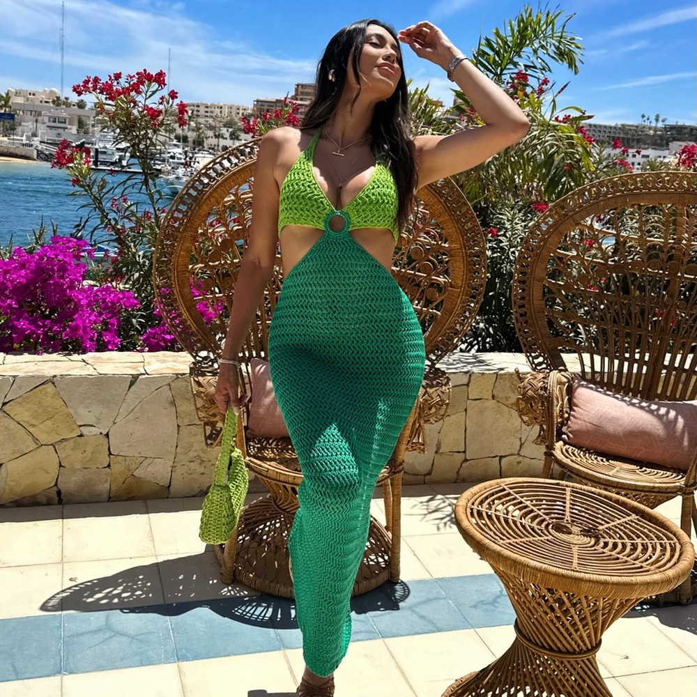 Green crochet maxi dress